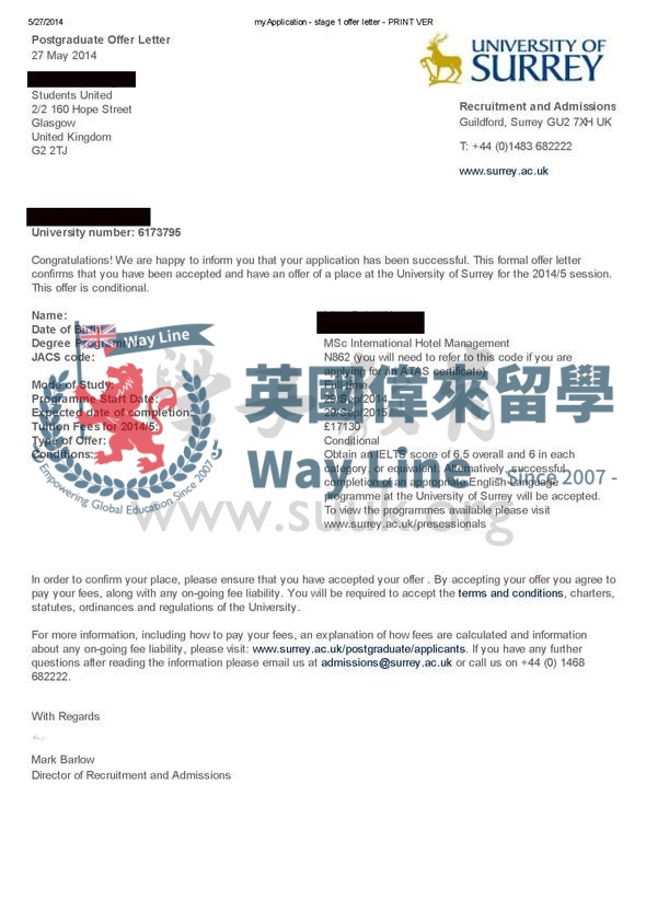 英國薩里大學國際酒店管理碩士