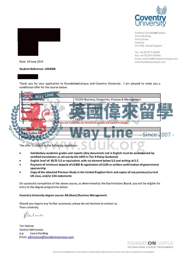 英國考文垂大學商務管理本科預科+本科