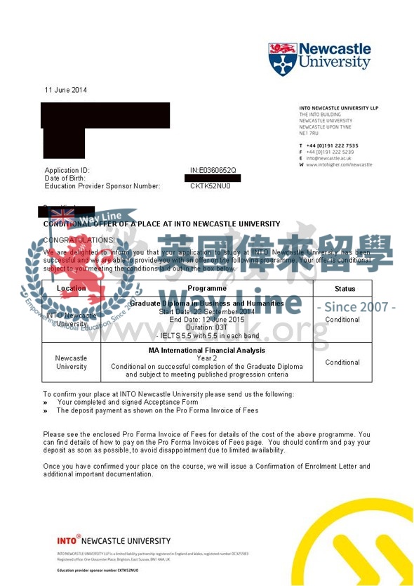 英國紐卡斯爾大學國際金融分析碩士預科+碩士