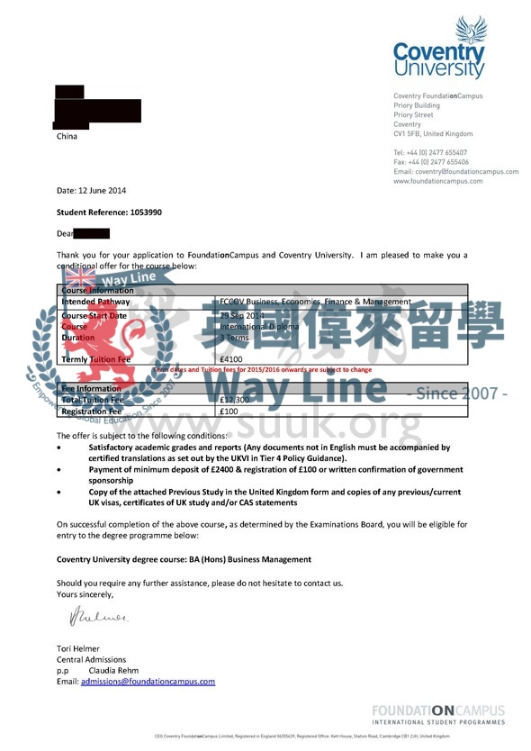 英國考文垂大學商務管理本科預科+本科