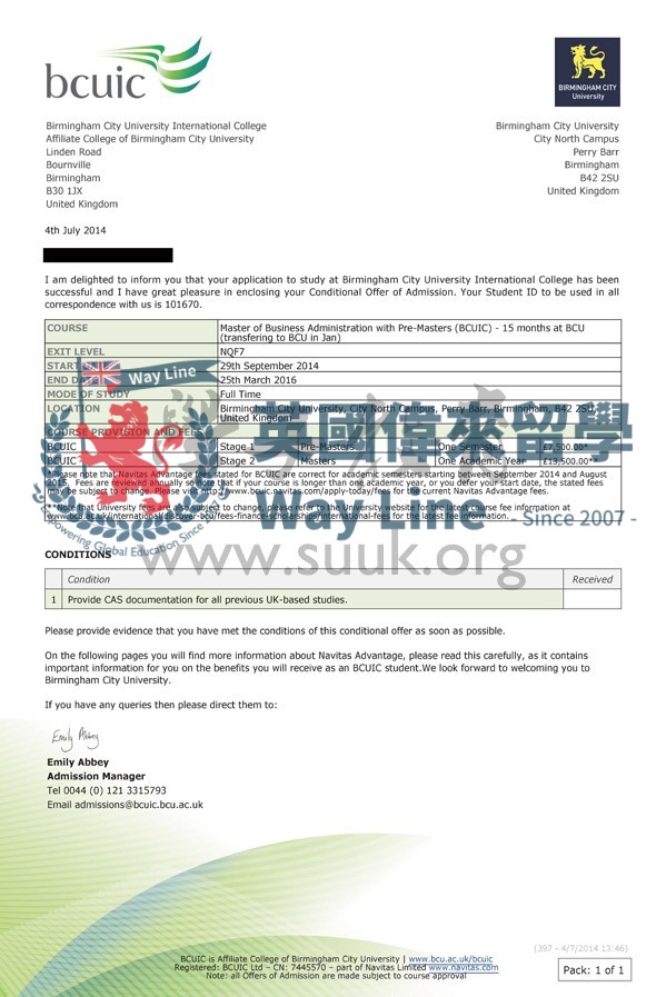 英國伯明翰城市大學工商管理碩士