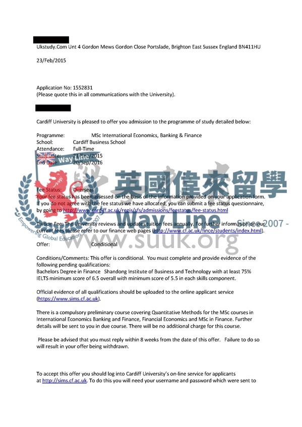 英國卡迪夫大學國際經濟，銀行與金融碩士