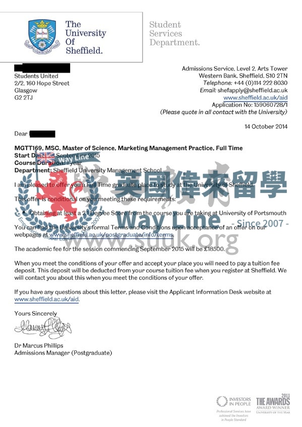 英國謝爾菲德大學營銷管理實踐碩士