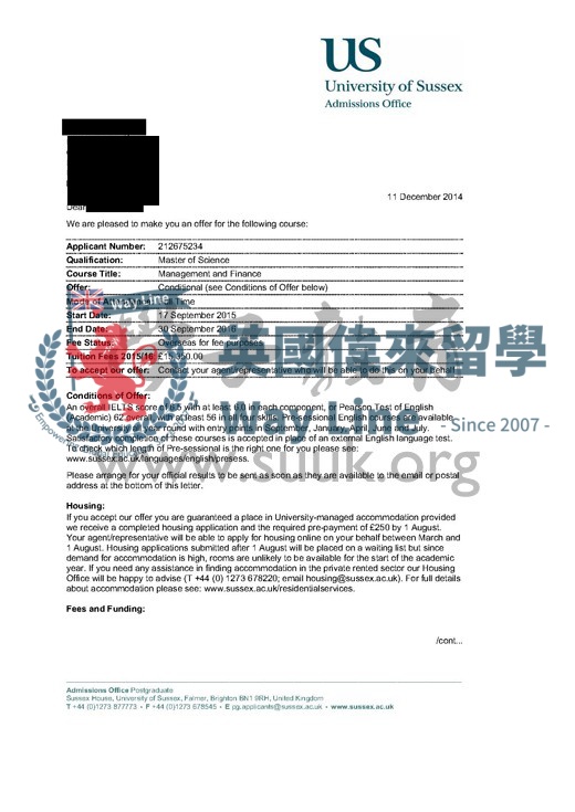 英國薩塞克斯大學管理和金融碩士