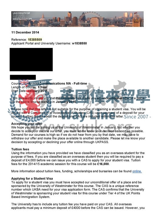 英國威斯敏斯特大學營銷傳播碩士