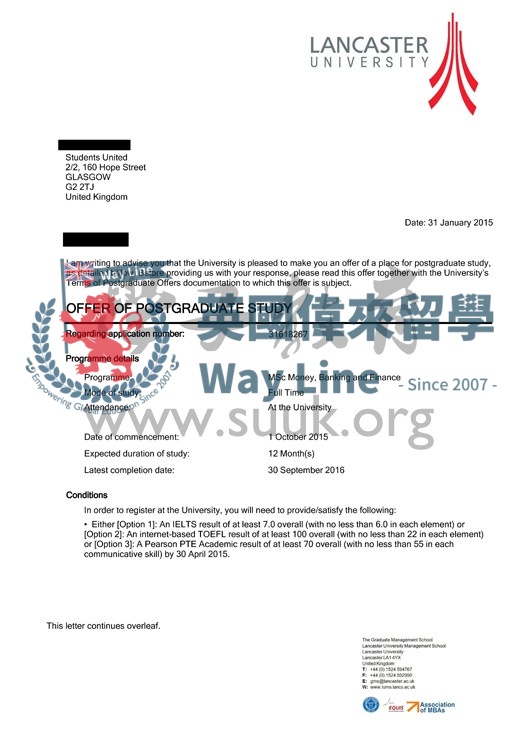 英國蘭卡斯特大學貨幣，銀行和金融碩士