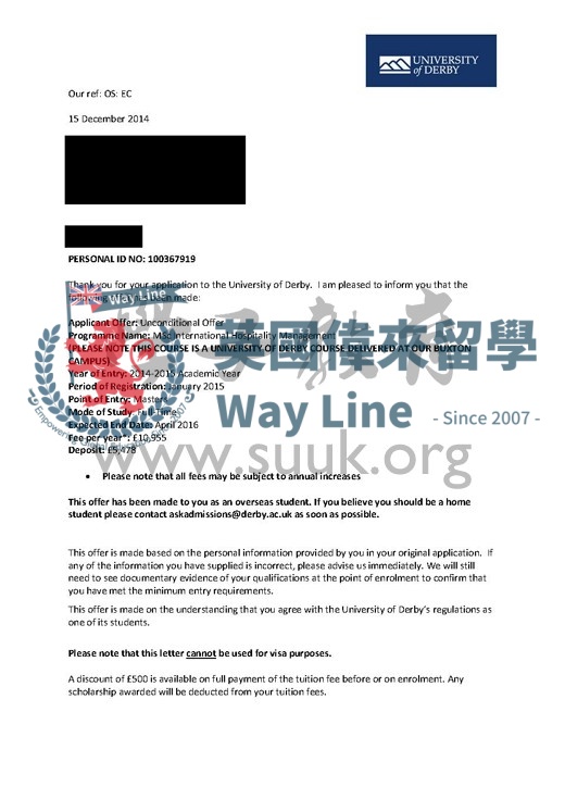 英國德比大學國際酒店管理碩士