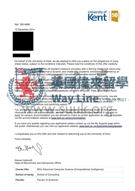 英國肯特大學高級計算機科學（計算機智能）碩士