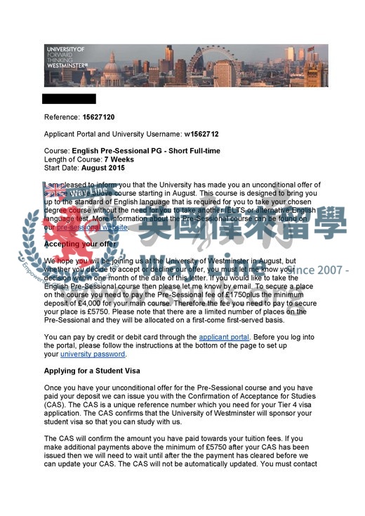 英國威斯敏斯特大學7週會前英語