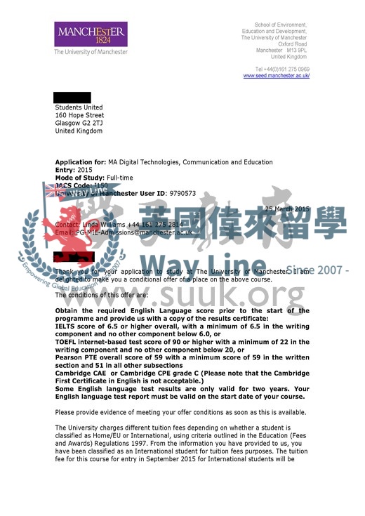 英國曼徹斯特大學數字技術，通訊和教育碩士