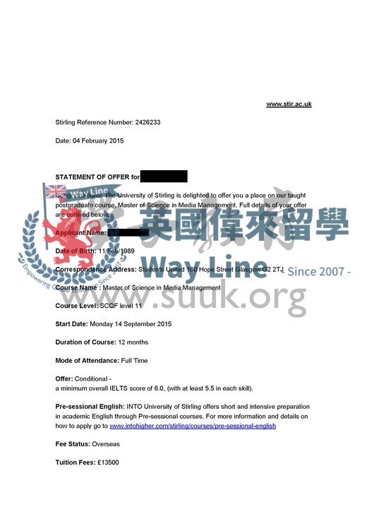 英國斯特林大學媒體管理碩士