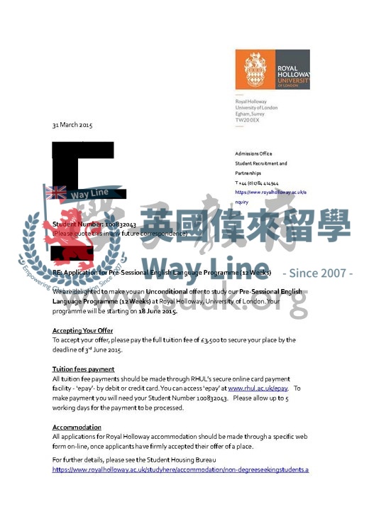 英國倫敦大學皇家霍洛威8週會前英語