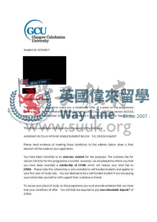 英國格拉斯哥卡利多尼亞大學國際時裝市場營銷碩士