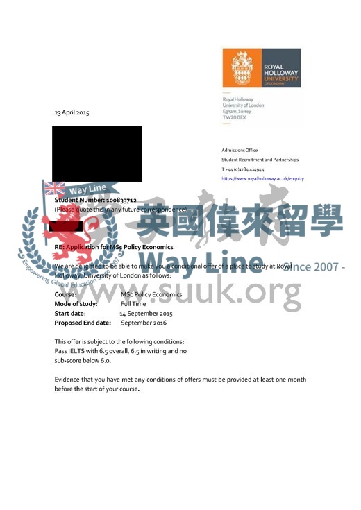 英國倫敦大學皇家霍洛威經濟政策碩士