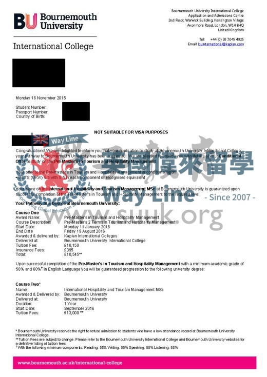 英國伯恩茅斯大學國際酒店和旅遊管理碩士預科