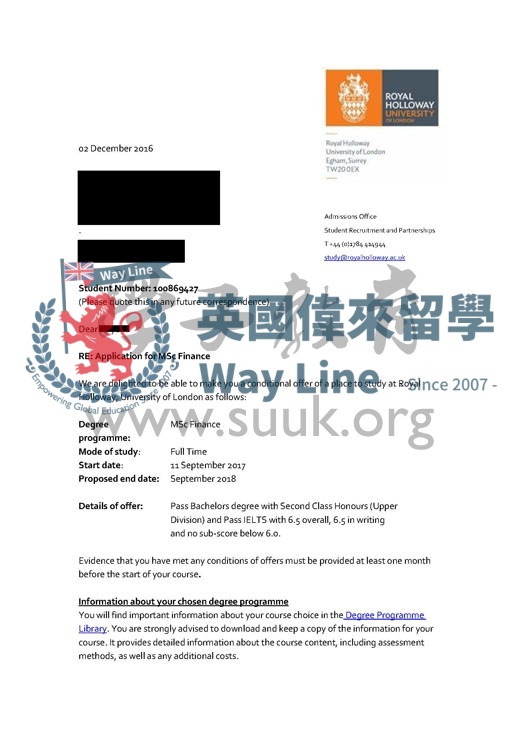英國倫敦大學皇家霍洛威學院金融學碩士