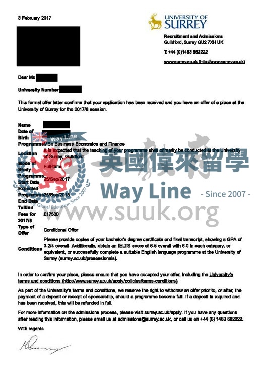 英國薩里大學商業經濟與金融碩士