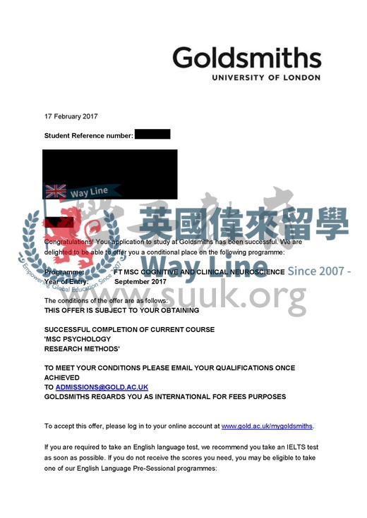 英國倫敦大學金史密斯學院認知與臨牀神經學碩士