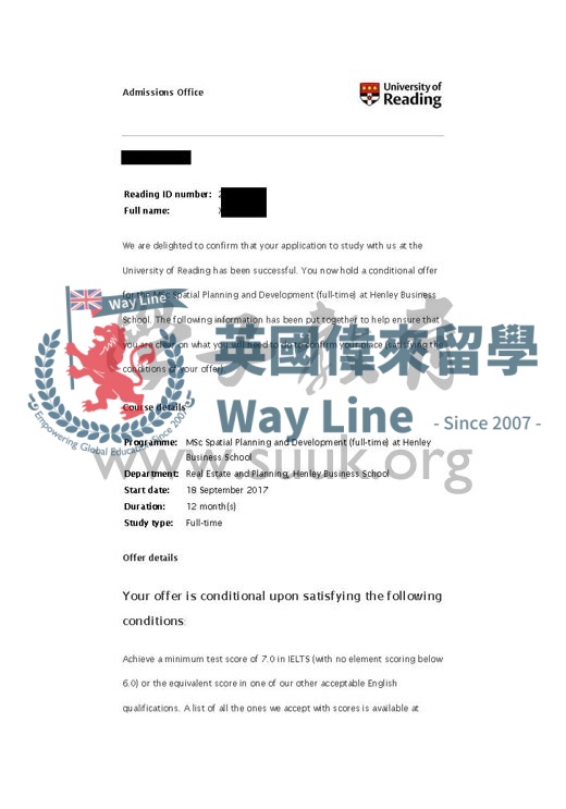 英國雷丁大學空間規劃和發展碩士