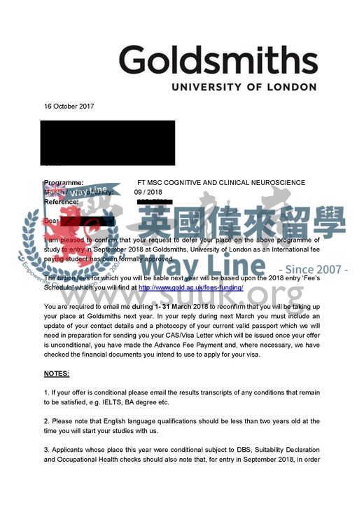 英國倫敦大學金史密斯學院認知和臨牀神經科學碩士