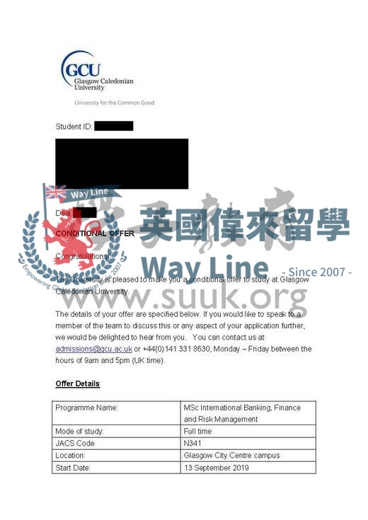 英國格拉斯哥卡里多尼亞大學國際銀行，金融和風險管理碩士