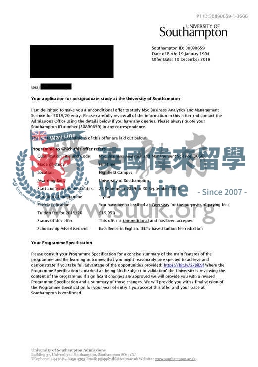 英國南安普頓大學商務分析和管理科學碩士