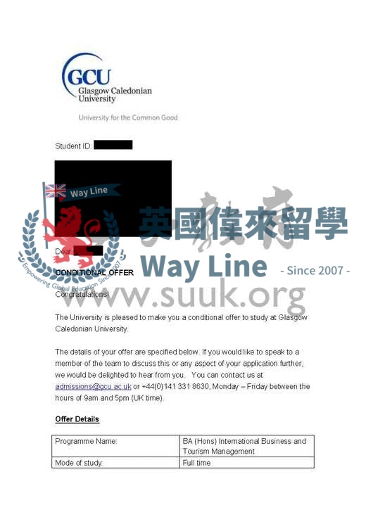 英國格拉斯哥卡利多尼亞大學國際商務與旅遊管理學士