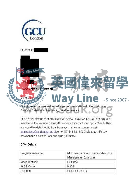 英國格拉斯哥卡利多尼亞大學保險與可持續風險管理碩士