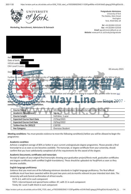 英國約克大學音樂教育：器樂與聲樂教學碩士