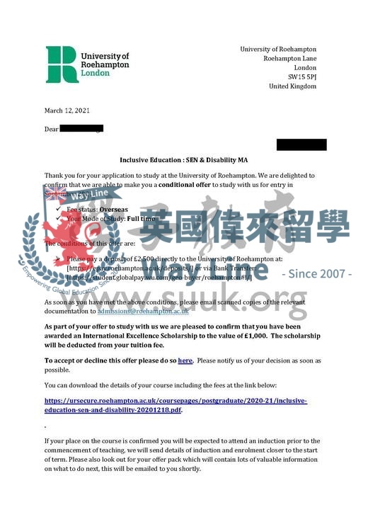 英國羅漢普頓大學全能教育與殘疾教育碩士