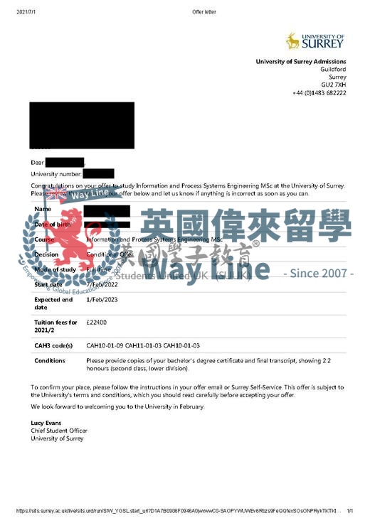 英國薩里大學信息與過程系統工程碩士