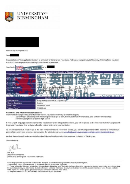 英國伯明翰大學工程與物理科學預科+機械工程學士