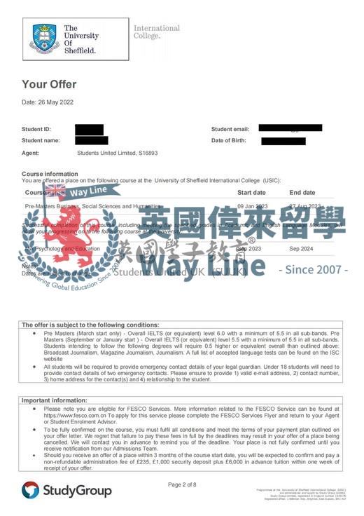 英國謝菲爾德大學商業、社會科學和人文碩士預科+心理學和教育碩士
