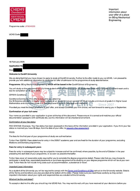 英國卡迪夫大學機械工程學士申請案例