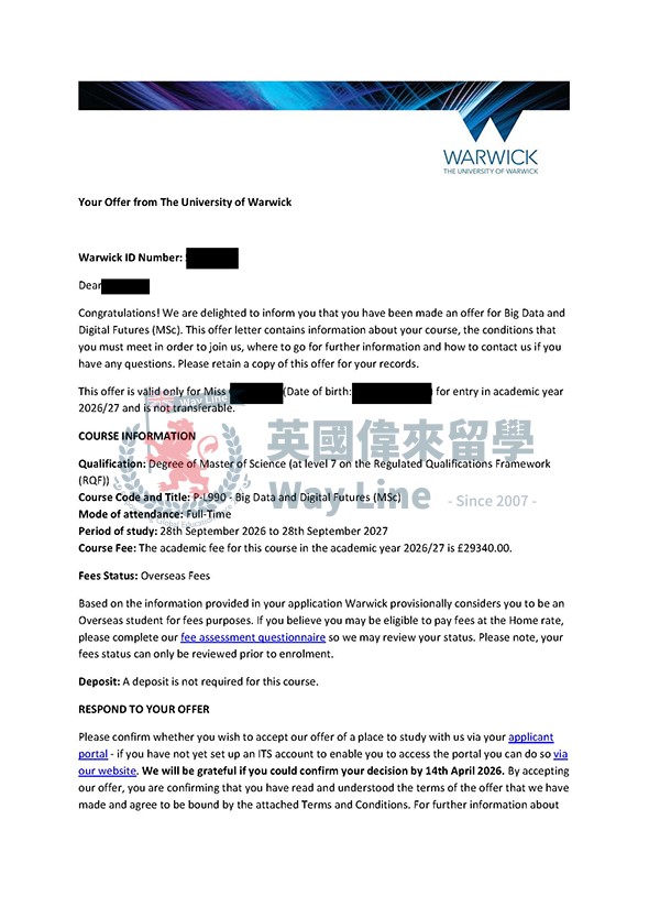 英國華威大學大數據與數字未來碩士申請案例