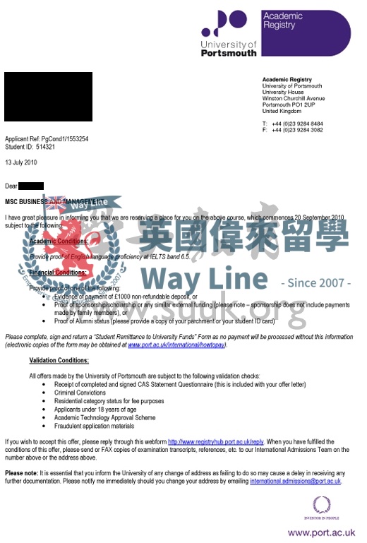 英國普次茅斯大學商務與管理學碩士