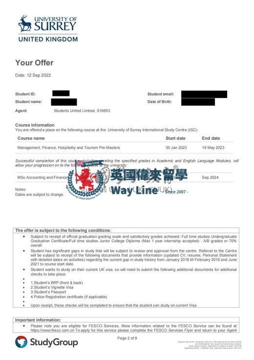 英國薩里大學管理、金融、酒店和旅遊碩士預科+會計和金融碩士