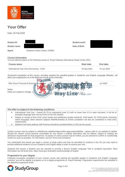 英國皇家霍洛威國際研究中心國際大一（經濟學）+金融與商業經濟學學士