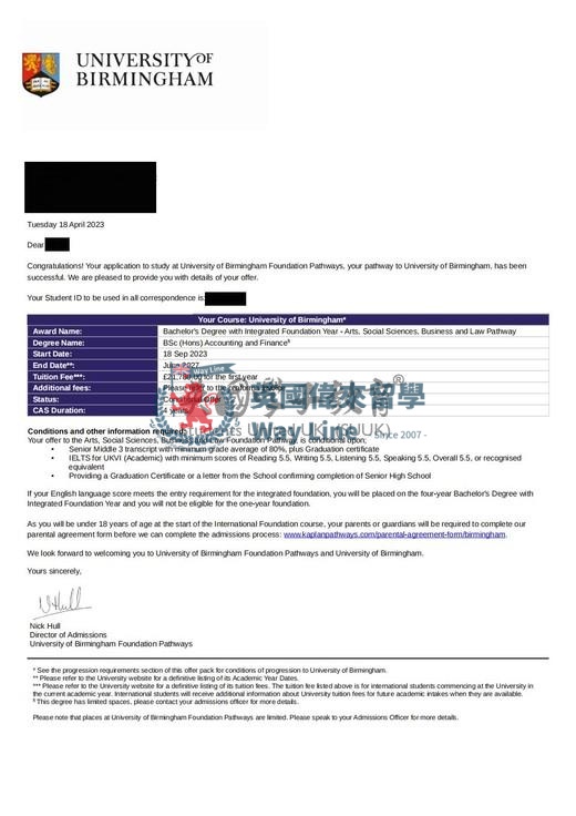 英國伯明翰大學藝術、社會科學、商業和法律預科+會計與金融學士