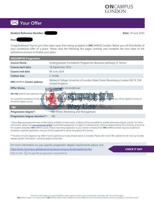 英國倫敦大學伯克貝克學院本科預科商科方向（3個學期）+市場營銷與管理學士